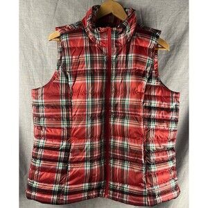 Lands' End Puffer Vest Women's Size Large Red Scotch Plaid Down Feather Full Zip